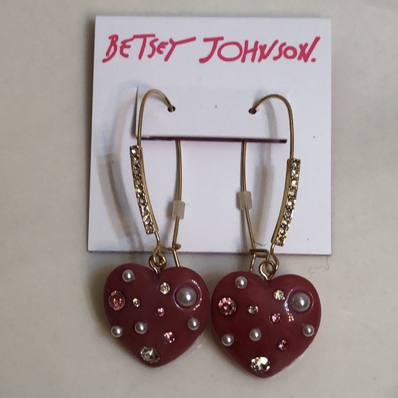 Betsey Johnson Gold Tone Pink Resin Heart Drop Earrings Crystal & Faux Pearl NWT - Picture 3 of 11